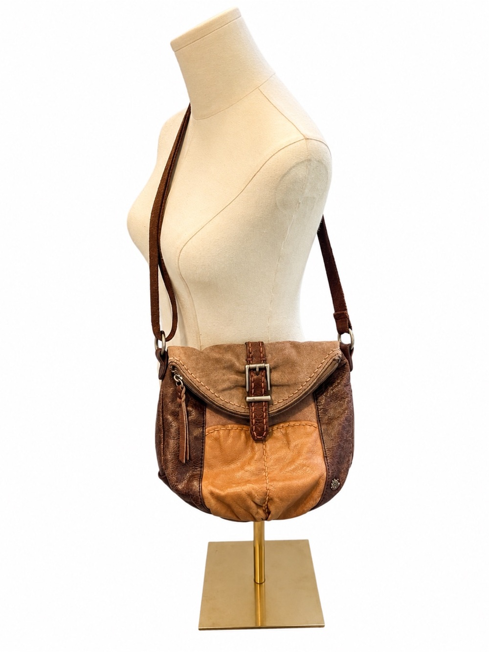 The Sak Dina Retired Colorblock Leather Slouch Crossbody Purse Brown Tan